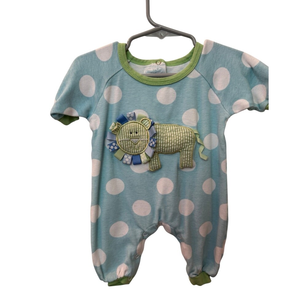Y2K Mudpie Baby Lion Romper Sleeper Blue and White polkadot Lion Size 0-3